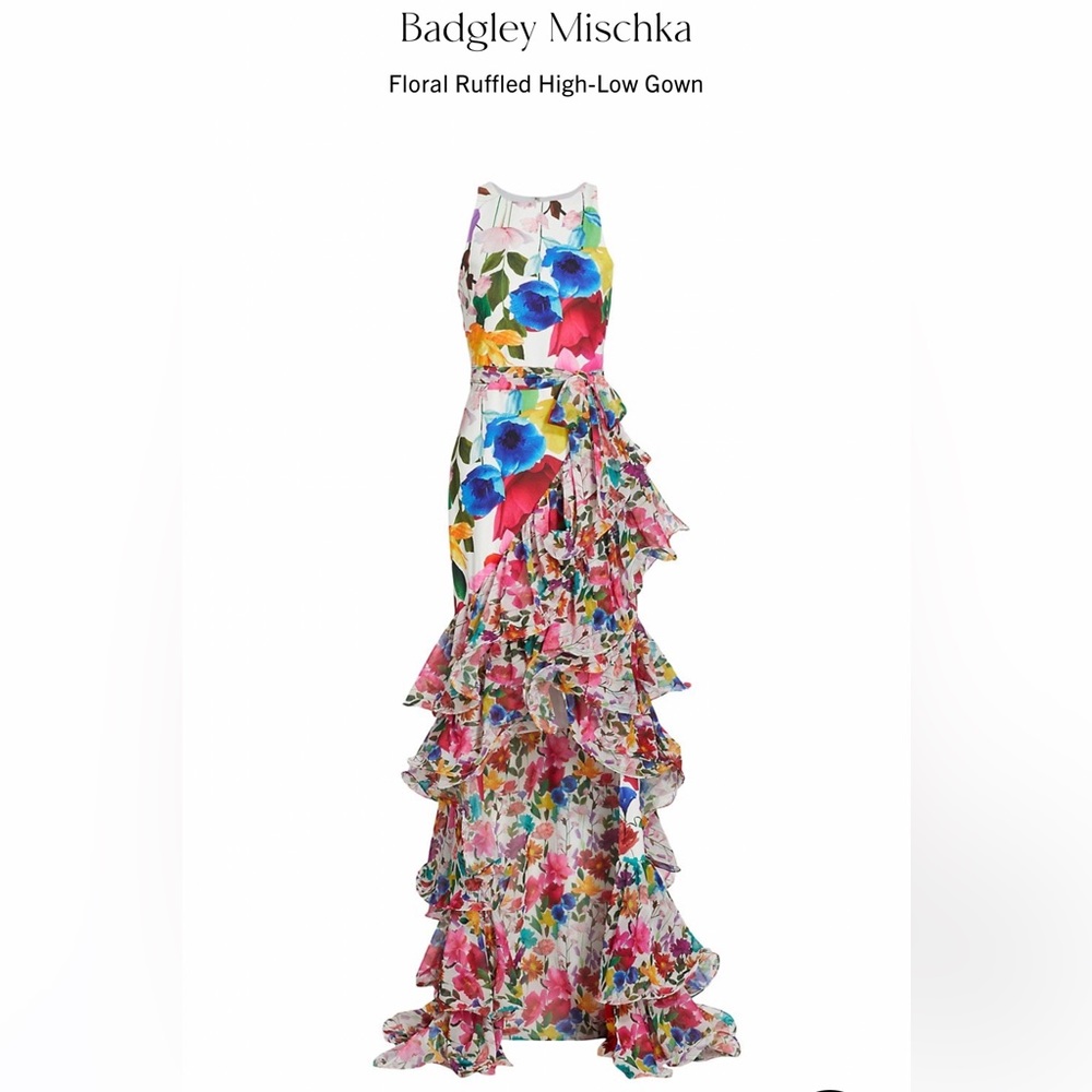 Badgely Mischka high low floral ruffle gown